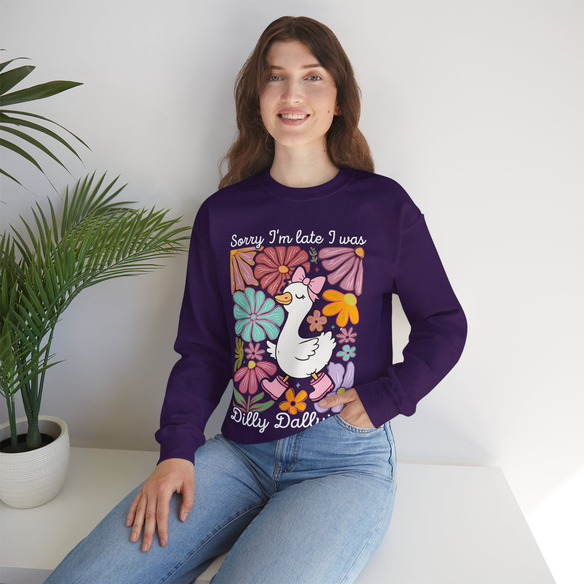 Sorry I'm Late I Was Dilly Dallying Cute Floral Duck – Gildan Heavy Blend | Trendy Women’s Soft Sweatshirt. Direct to Garment. Printed & Shipped in the USA. Unisex Sizes.