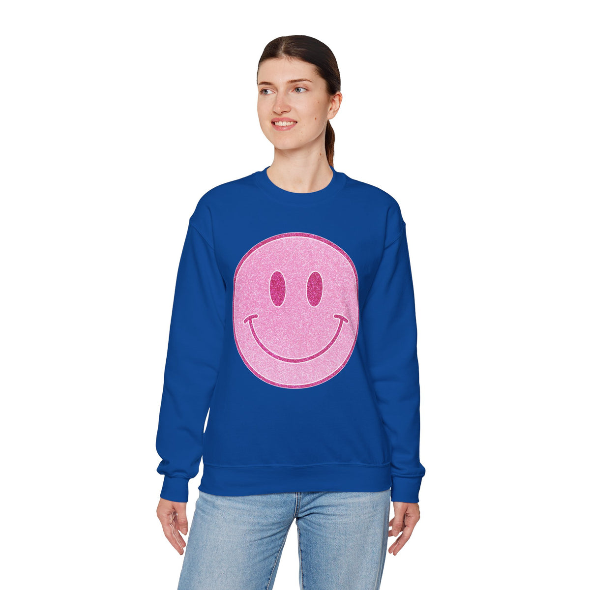 Glitter Smiley – Gildan Heavy Blend | Trendy Women’s Soft Sweatshirt. Direct to Garment. Printed & Shipped in the USA. Unisex Sizes.