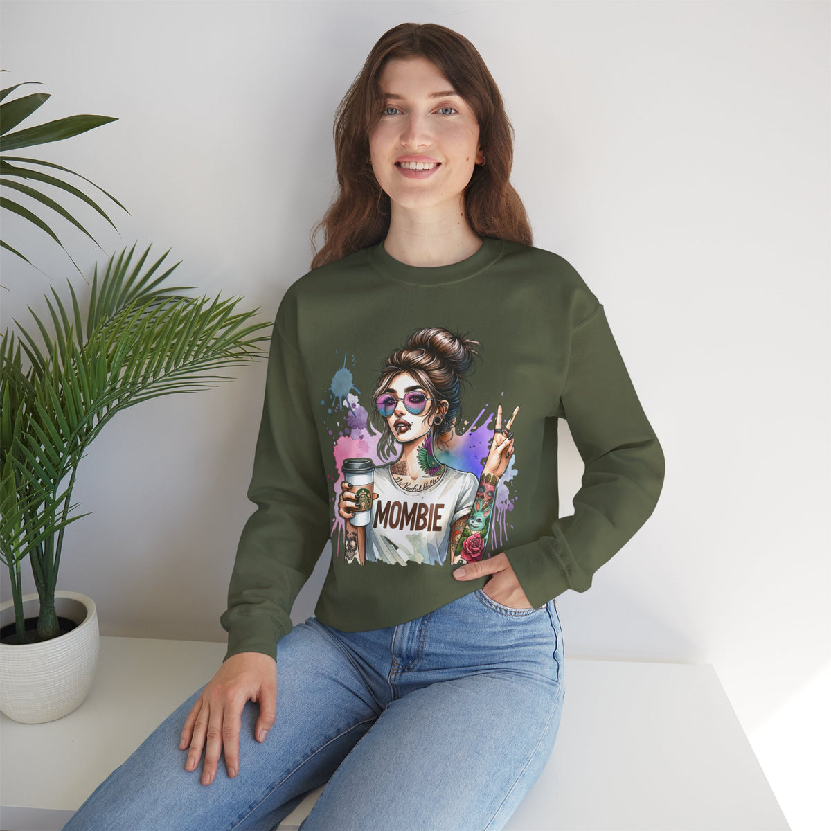 Cool Mombie with Coffee Peace Tattoo - Tired Mom – Gildan Heavy Blend | Trendy Women’s Soft Sweatshirt. Direct to Garment. Printed & Shipped in the USA. Unisex Sizes.