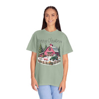 Merry Christmas Pink Barn Farm Animals - Comfort Colors | Trendy Women's T-Shirt. Direct to Garment. Printed & Shipped in the USA. Unisex Sizes.