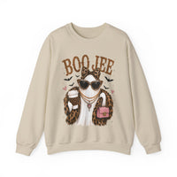 BooJee Ghost with Coffee - Halloween – Gildan Heavy Blend | Trendy Women’s Soft Sweatshirt. Direct to Garment. Printed & Shipped in the USA. Unisex Sizes.