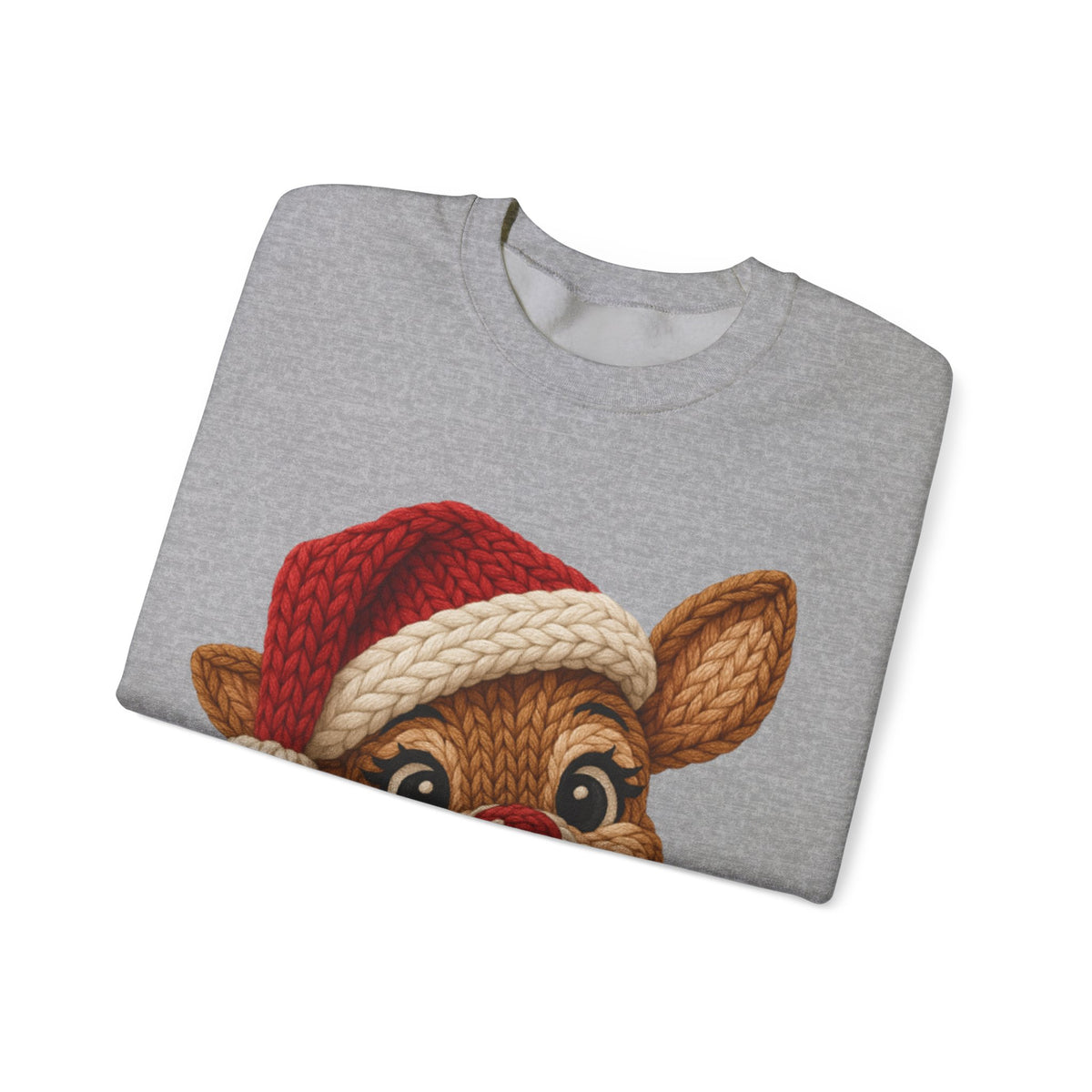 Cute Rudolph Faux Knit Look Reindeer w/Santa Hat – Gildan Heavy Blend | Trendy Women’s Soft Sweatshirt. Direct to Garment. Printed & Shipped in the USA. Unisex Sizes.