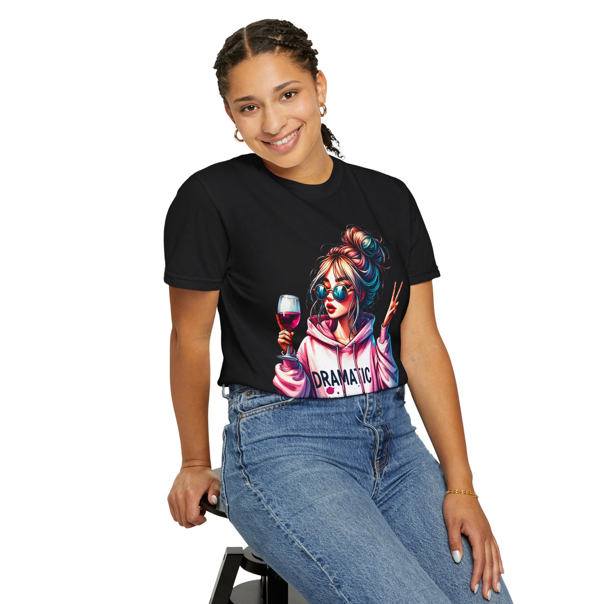 Dramatic Girl With Wine Messy Bun Peace Sign  - Comfort Colors | Trendy Women's T-Shirt. Direct to Garment. Printed & Shipped in the USA. Unisex Sizes.