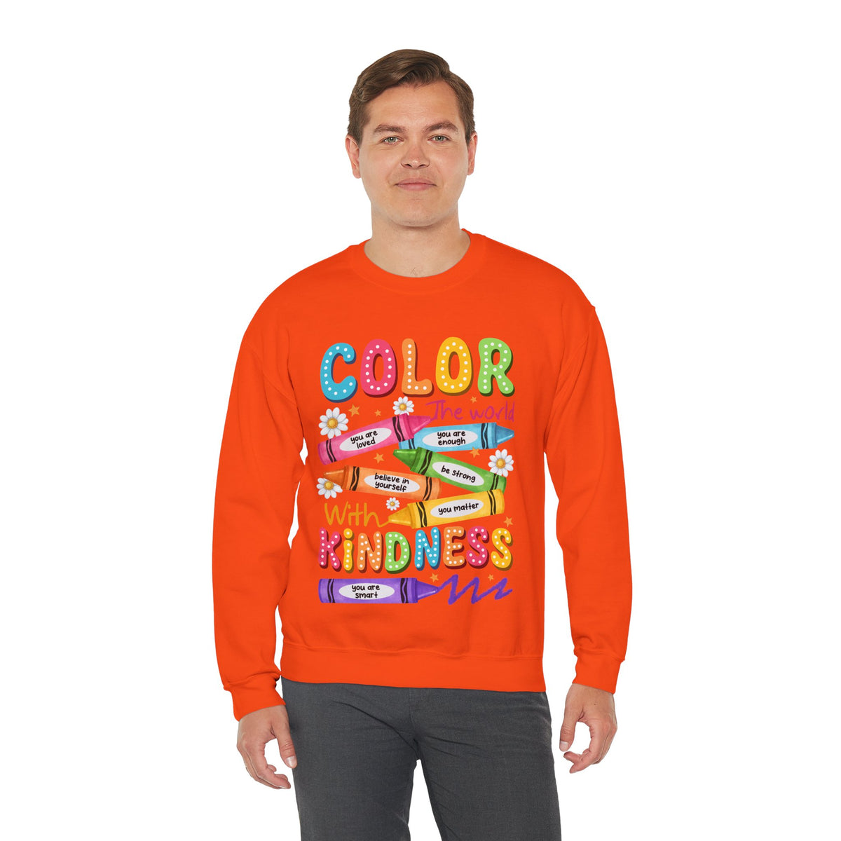 Color the World With Kindness Crayons, Great Teacher Gift – Gildan Heavy Blend | Trendy Women’s and Men's Soft Sweatshirt. Direct to Garment. Printed & Shipped in the USA. Unisex Sizes.