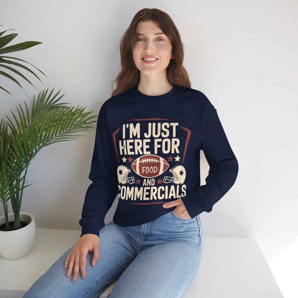 I'm Just Here for Food and Commercials – Gildan Heavy Blend | Trendy Women’s and Men's Soft Sweatshirt. Direct to Garment. Printed & Shipped in the USA. Unisex Sizes.