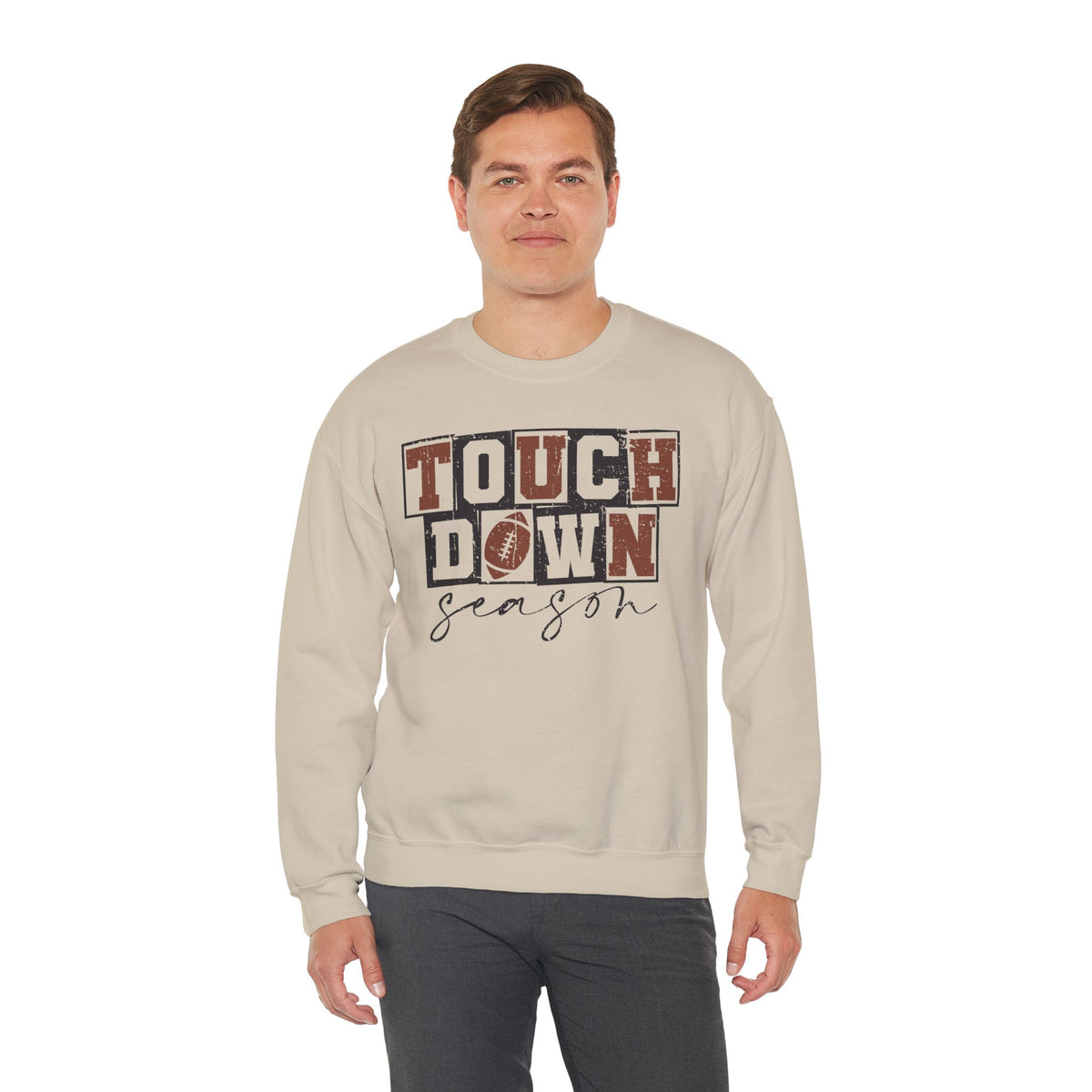 Touchdown Season - Distressed – Gildan Heavy Blend | Trendy Men's and Women’s Soft Sweatshirt. Direct to Garment. Printed & Shipped in the USA. Unisex Sizes.