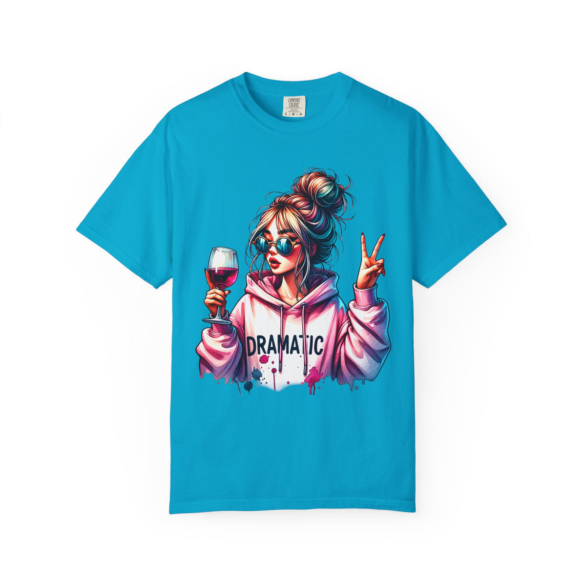 Dramatic Girl With Wine Messy Bun Peace Sign  - Comfort Colors | Trendy Women's T-Shirt. Direct to Garment. Printed & Shipped in the USA. Unisex Sizes.