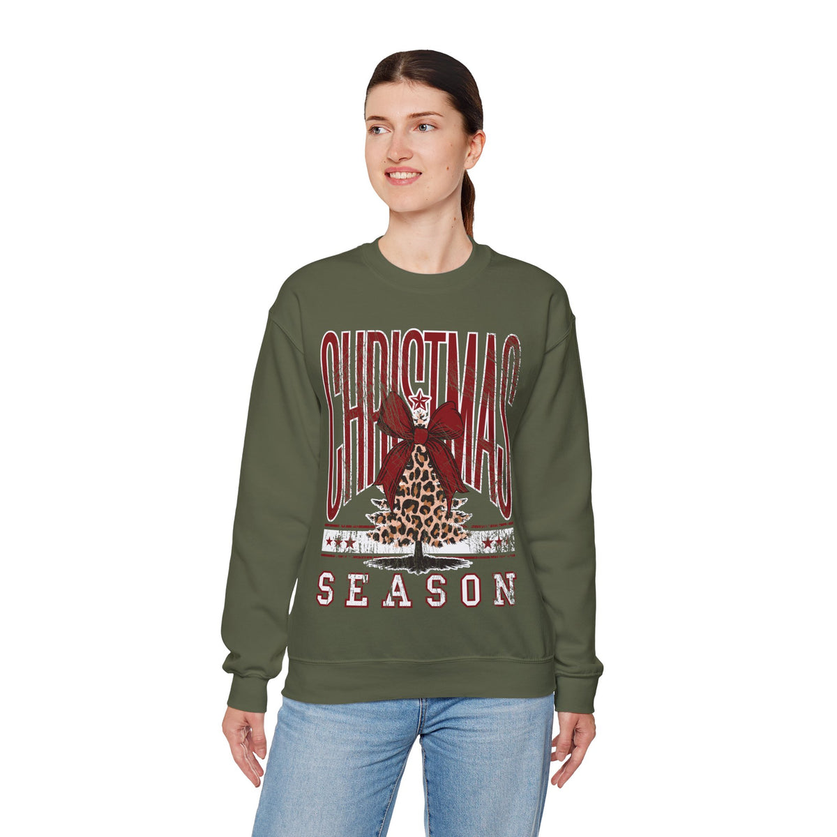 Christmas Season Leopard Tree Distressed – Gildan Heavy Blend | Trendy Women’s Soft Sweatshirt. Direct to Garment. Printed & Shipped in the USA. Unisex Sizes.
