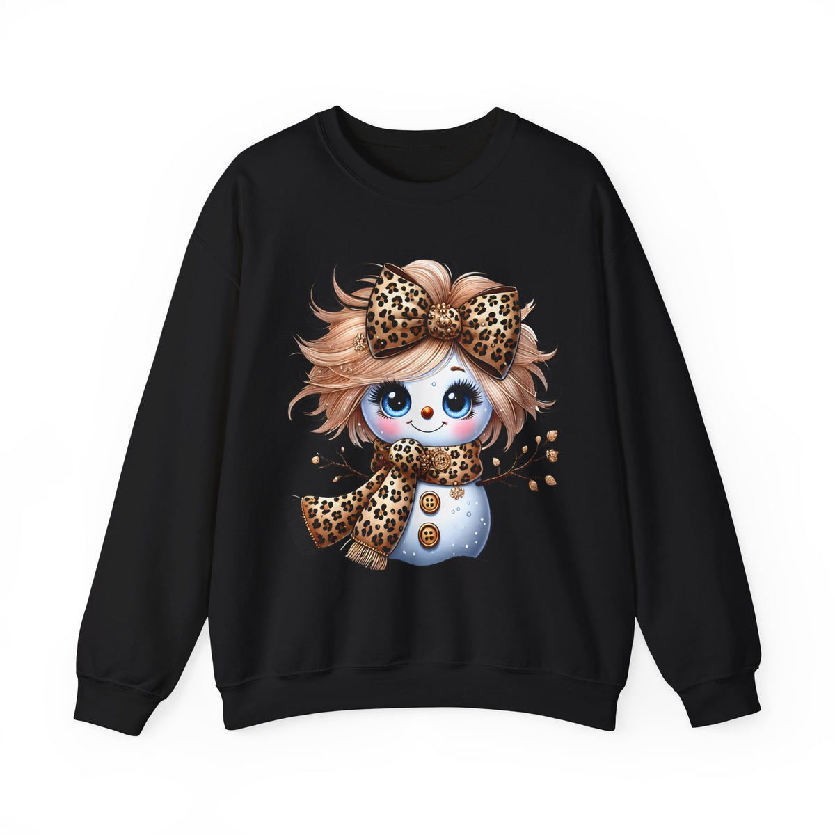 Snowgirl Cute Leopard Bow Snowman, Winter Cozy – Gildan Heavy Blend | Trendy Women’s Soft Sweatshirt. Direct to Garment. Printed & Shipped in the USA. Unisex Sizes.
