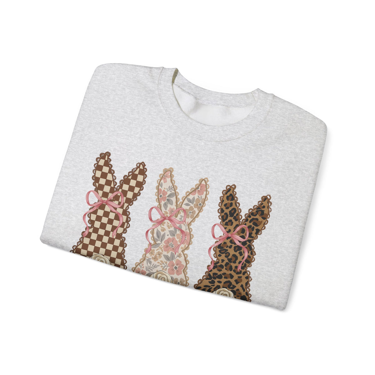Easter Bunny Trio - Checkered, Floral & Leopard – Gildan Heavy Blend | Trendy Women’s Soft Sweatshirt. Direct to Garment. Printed & Shipped in the USA. Unisex Sizes.