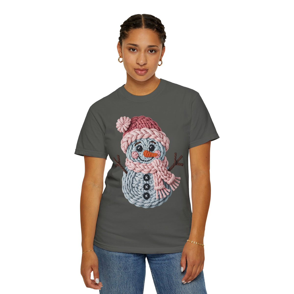 Cute Yarn Snowman - Pink Scarf - Comfort Colors | Trendy Women's T-Shirt. Direct to Garment. Printed & Shipped in the USA. Unisex Sizes.