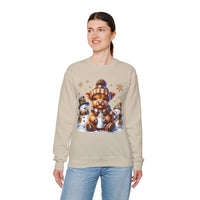 Cute Highland Cow with Snowmen, Winter – Gildan Heavy Blend | Trendy Women’s Soft Sweatshirt. Direct to Garment. Printed & Shipped in the USA. Unisex Sizes.