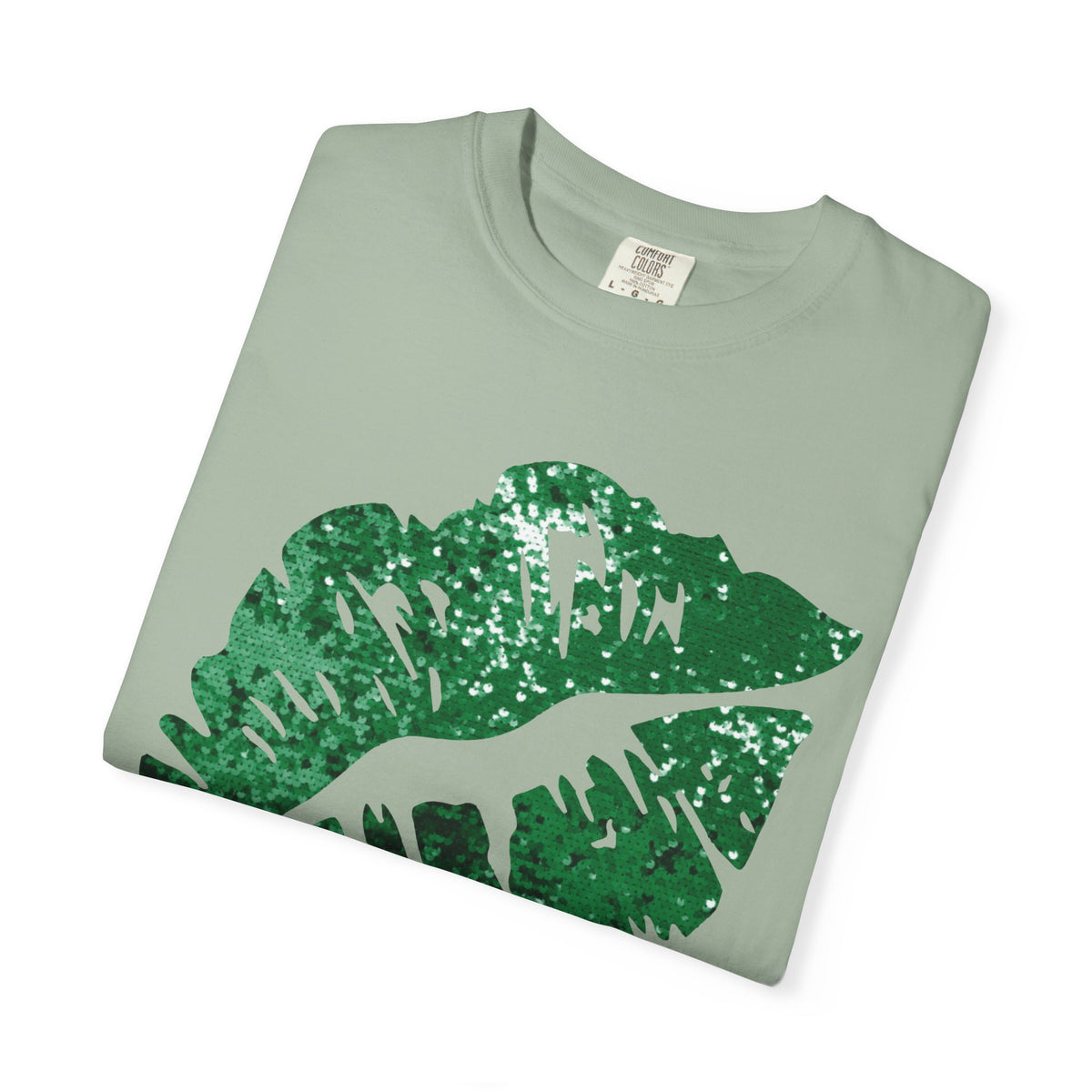 Green Faux Glitter Kiss - Comfort Colors | Trendy Women's T-Shirt. Direct to Garment. Printed & Shipped in the USA. Unisex Sizes.