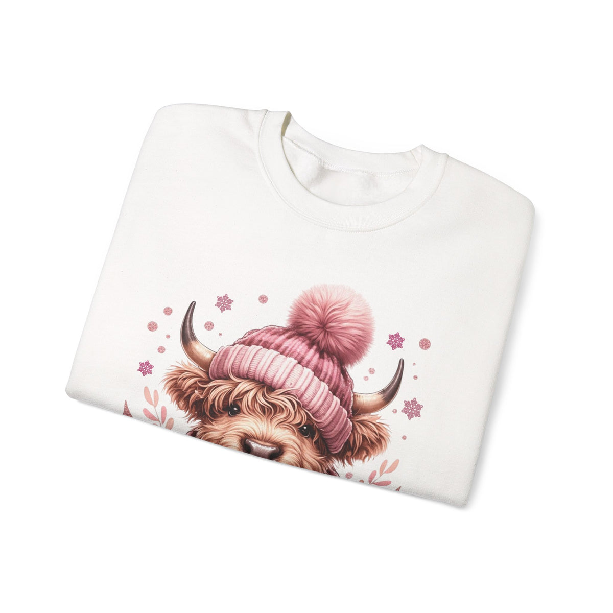 Cozy Highland Cow, Winter Coffee Mug & Scarf Pink – Gildan Heavy Blend | Trendy Women’s Soft Sweatshirt. Direct to Garment. Printed & Shipped in the USA. Unisex Sizes.