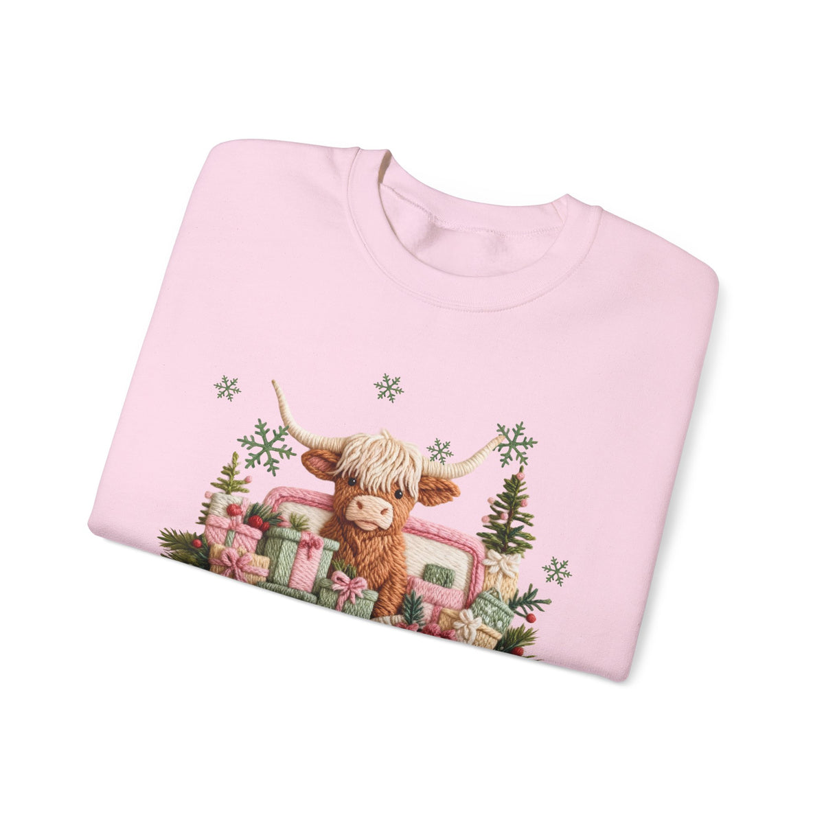 Highland Cow in Pink Truck Merry Christmas Holiday Farmhouse – Gildan Heavy Blend | Trendy Women’s Soft Sweatshirt. Direct to Garment. Printed & Shipped in the USA. Unisex Sizes.