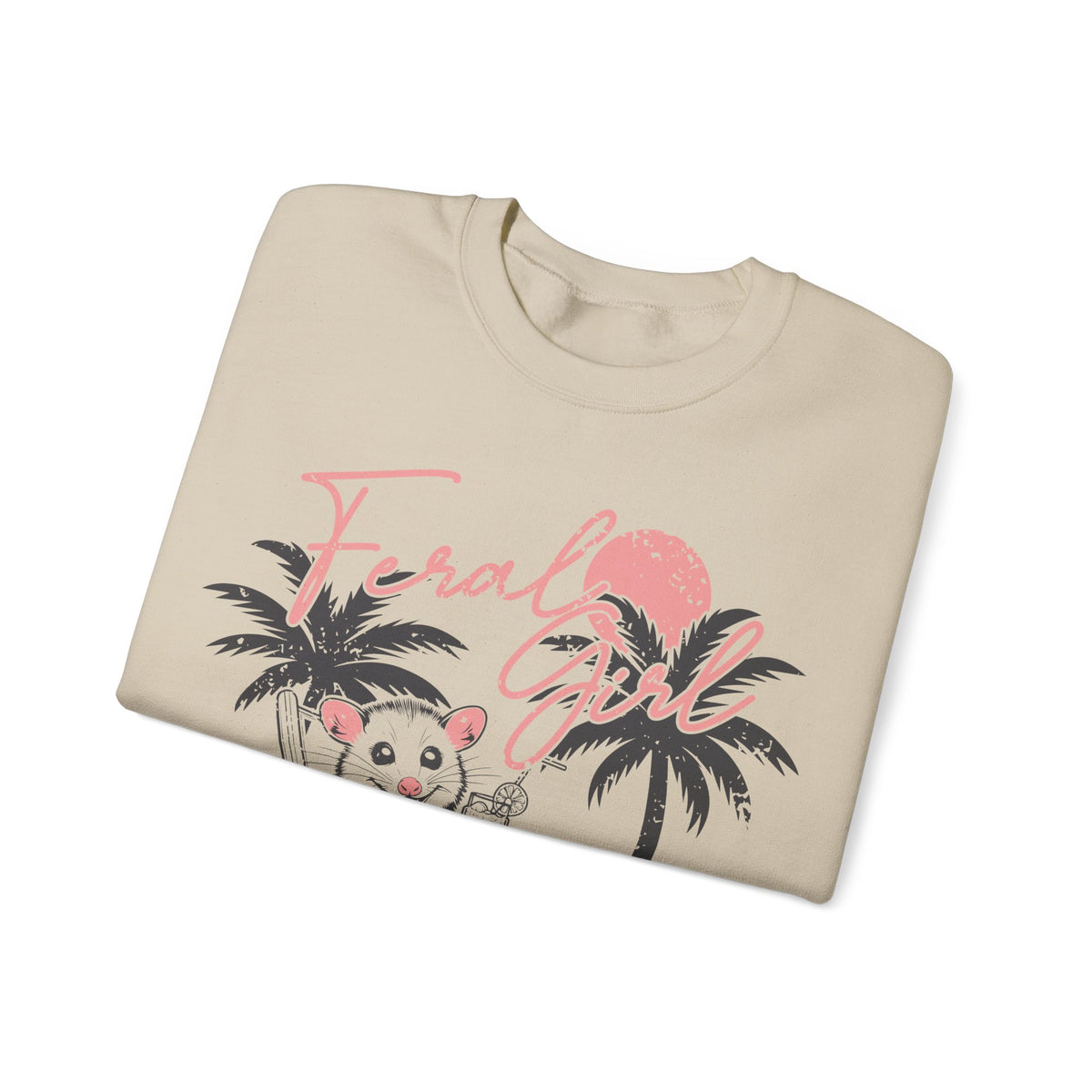 Feral Girl Summer, Possum on a Beach – Gildan Heavy Blend | Trendy Women’s Soft Sweatshirt. Direct to Garment. Printed & Shipped in the USA. Unisex Sizes.