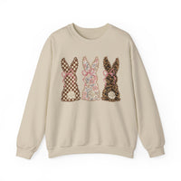 Easter Bunny Trio - Checkered, Floral & Leopard – Gildan Heavy Blend | Trendy Women’s Soft Sweatshirt. Direct to Garment. Printed & Shipped in the USA. Unisex Sizes.