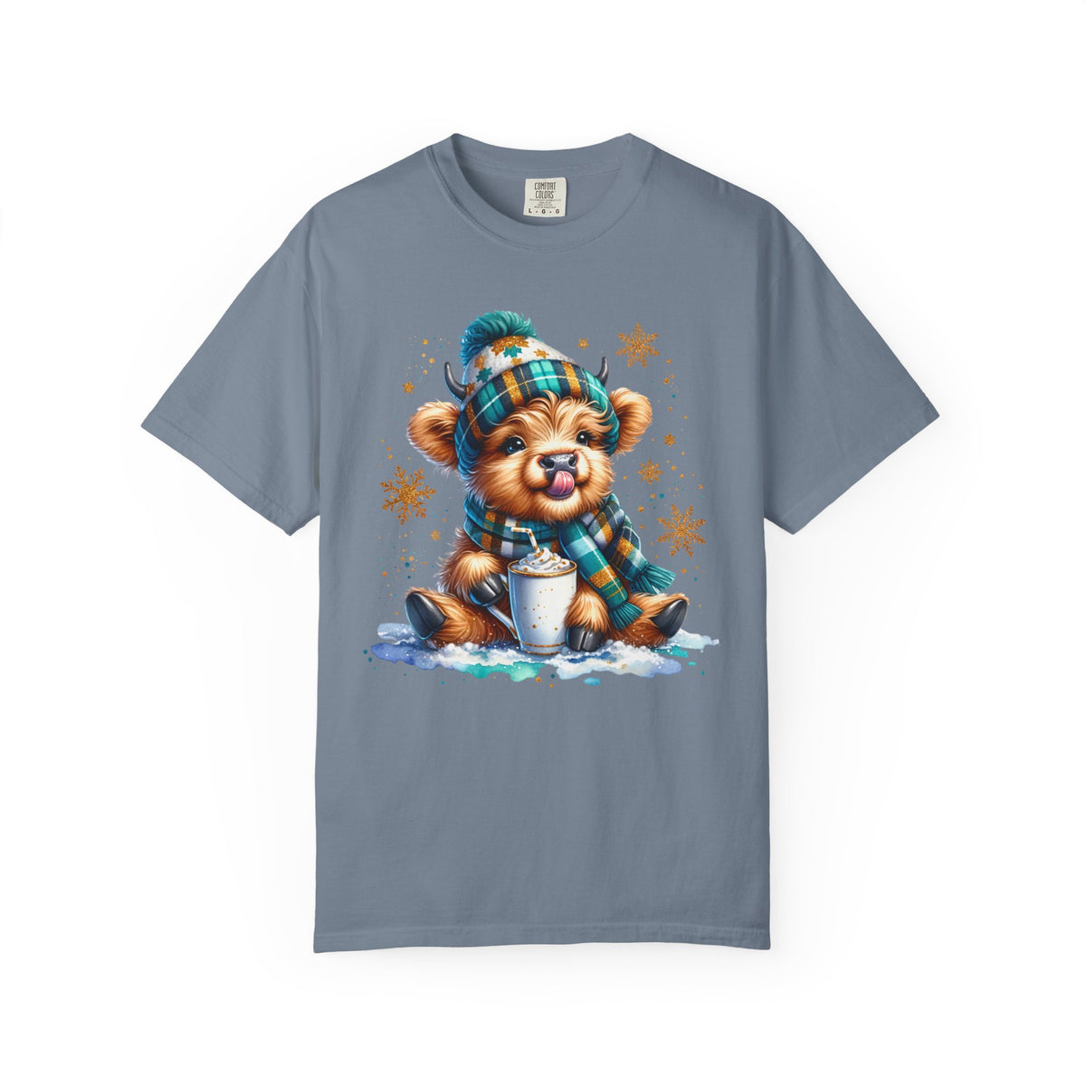Winter Baby Highland Cow with Cocoa  - Comfort Colors | Trendy Women's T-Shirt. Direct to Garment. Printed & Shipped in the USA. Unisex Sizes.