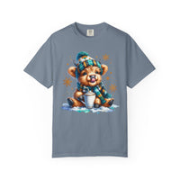Winter Baby Highland Cow with Cocoa  - Comfort Colors | Trendy Women's T-Shirt. Direct to Garment. Printed & Shipped in the USA. Unisex Sizes.