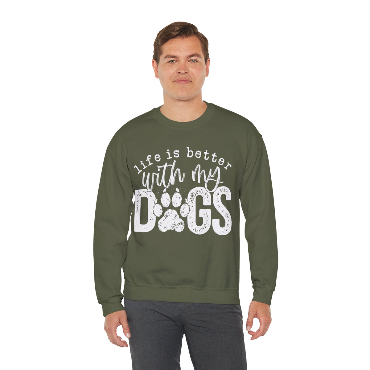 Life Is Better With My Dogs, Distressed – Gildan Heavy Blend | Trendy Women’s and Men's Soft Sweatshirt. Direct to Garment. Printed & Shipped in the USA. Unisex Sizes.