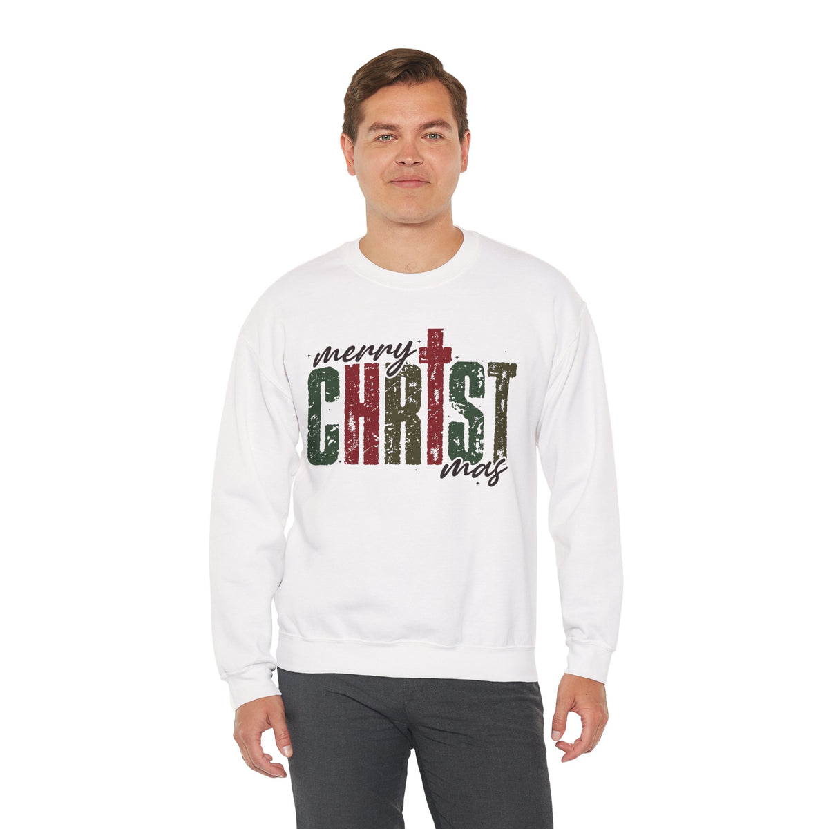 Distressed Merry ChrisTmas Faith Christian – Gildan Heavy Blend | Trendy Women’s Soft Sweatshirt. Direct to Garment. Printed & Shipped in the USA. Unisex Sizes.