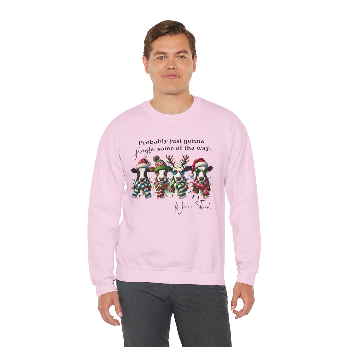 Christmas Cows - Probably Just Gonna Jingle Some Of The Way – Gildan Heavy Blend | Trendy Women’s and Men's Soft Sweatshirt. Direct to Garment. Printed & Shipped in the USA. Unisex Sizes.