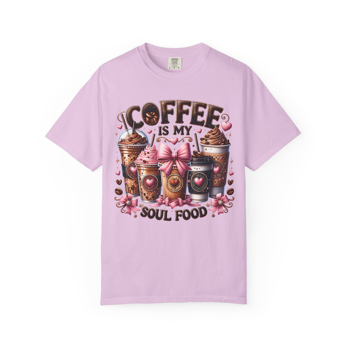 Coffee Is My Soul Food, Iced Coffee, Pink Bow - Comfort Colors | Trendy Women's T-Shirt. Direct to Garment. Printed & Shipped in the USA. Unisex Sizes.