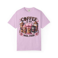 Coffee Is My Soul Food, Iced Coffee, Pink Bow - Comfort Colors | Trendy Women's T-Shirt. Direct to Garment. Printed & Shipped in the USA. Unisex Sizes.