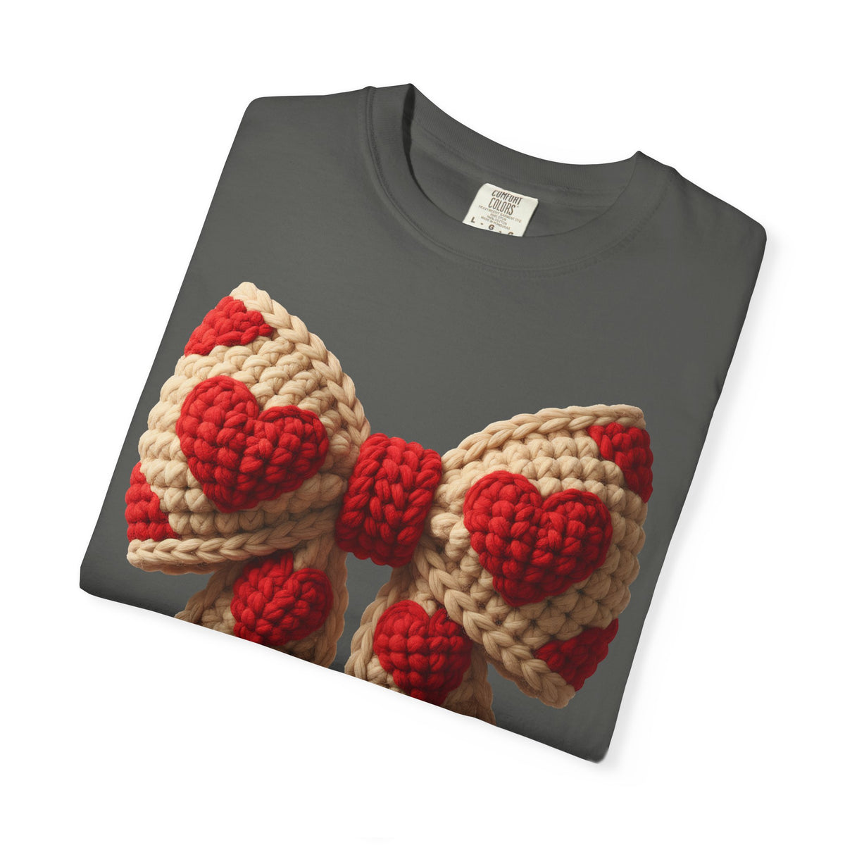 Faux Crochet Valentine Bow - Comfort Colors | Trendy Women's T-Shirt. Direct to Garment. Printed & Shipped in the USA. Unisex Sizes.