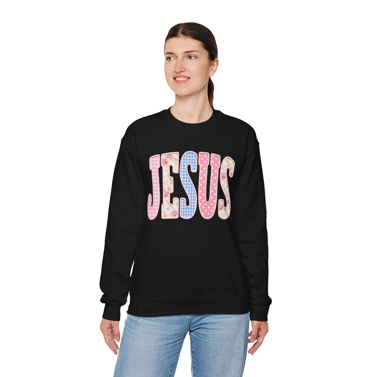 JESUS Pastel Faux Patchwork – Gildan Heavy Blend | Trendy Women’s Soft Sweatshirt. Direct to Garment. Printed & Shipped in the USA. Unisex Sizes.