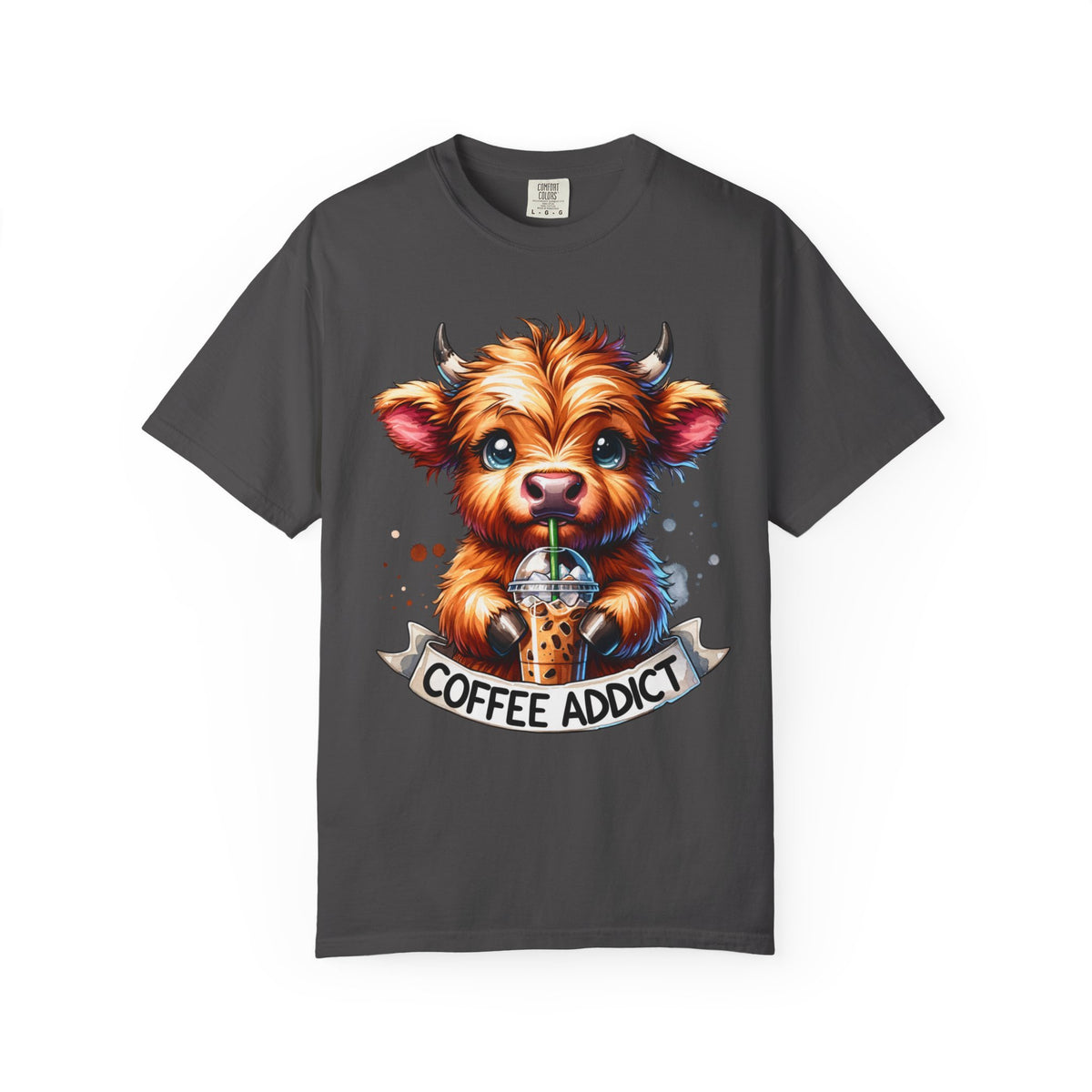 Coffee Addict Highland Cow Drinking Iced Coffee - Comfort Colors | Trendy Women's T-Shirt. Direct to Garment. Printed & Shipped in the USA. Unisex Sizes.