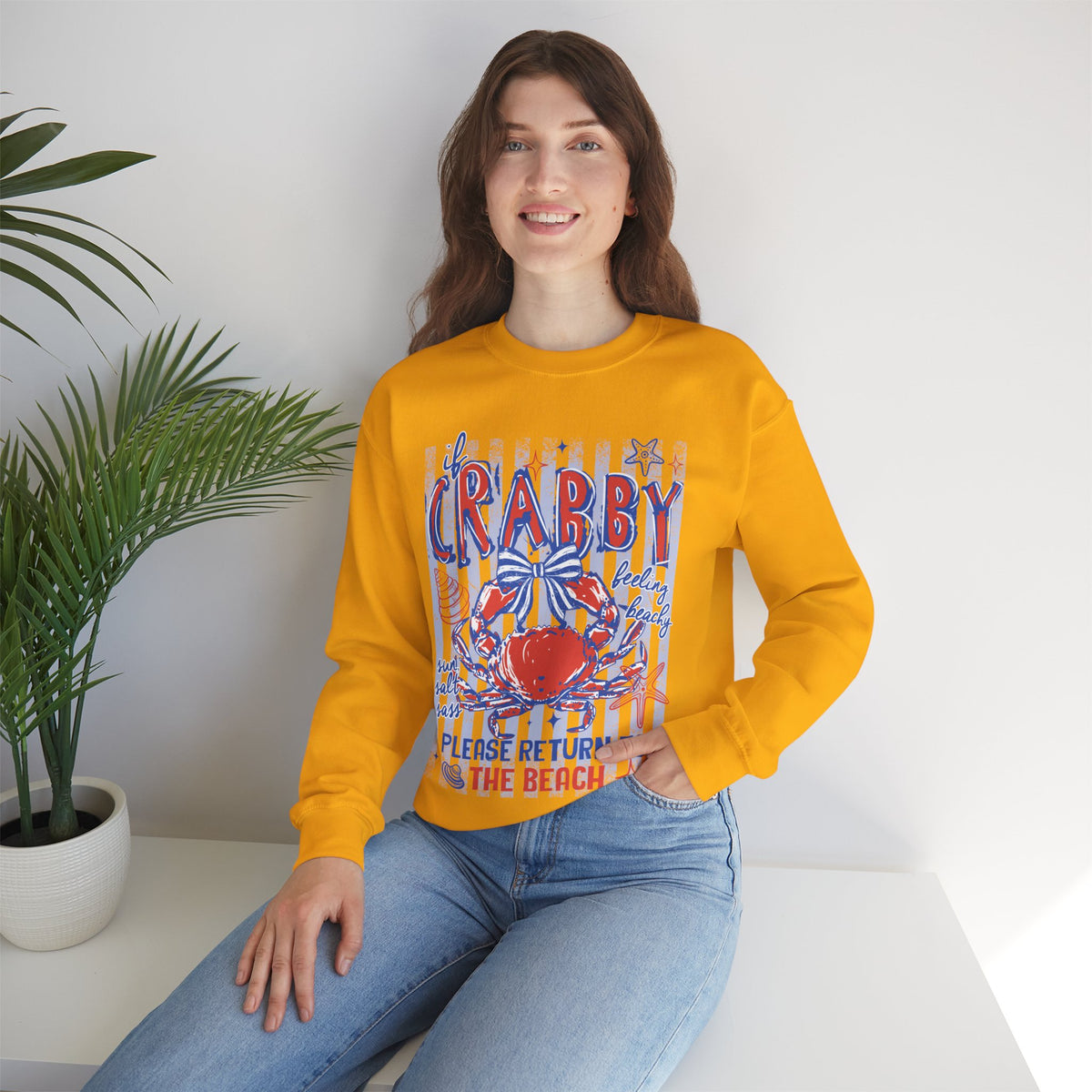If Crabby, Please Return to Beach – Gildan Heavy Blend | Trendy Men's & Women’s Soft Sweatshirt. Direct to Garment. Printed & Shipped in the USA. Unisex Sizes.