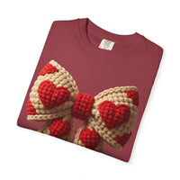 Faux Crochet Valentine Bow - Comfort Colors | Trendy Women's T-Shirt. Direct to Garment. Printed & Shipped in the USA. Unisex Sizes.