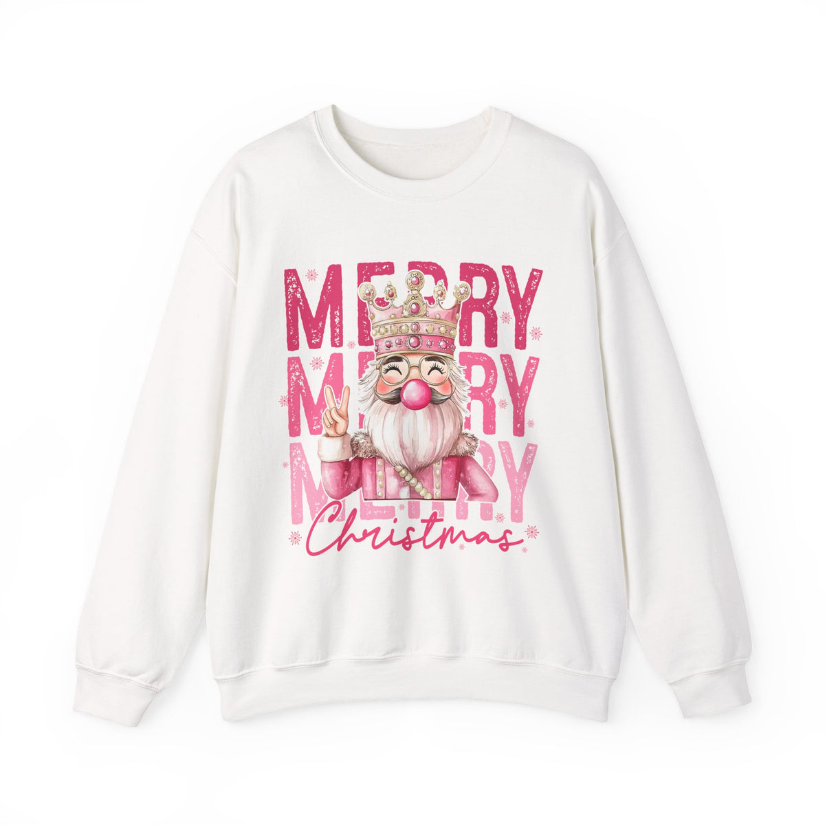 Merry Christmas - Cute Pink Bubblegum Nutcracker – Gildan Heavy Blend | Trendy Women’s Soft Sweatshirt. Direct to Garment. Printed & Shipped in the USA. Unisex Sizes.