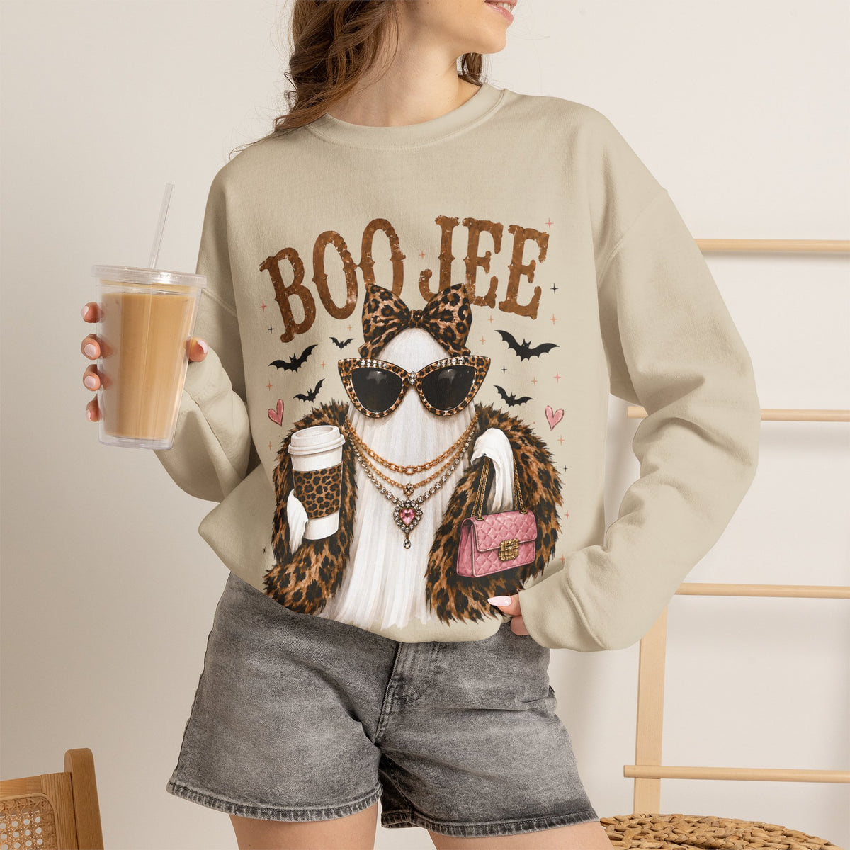 BooJee Ghost with Coffee - Halloween – Gildan Heavy Blend | Trendy Women’s Soft Sweatshirt. Direct to Garment. Printed & Shipped in the USA. Unisex Sizes.