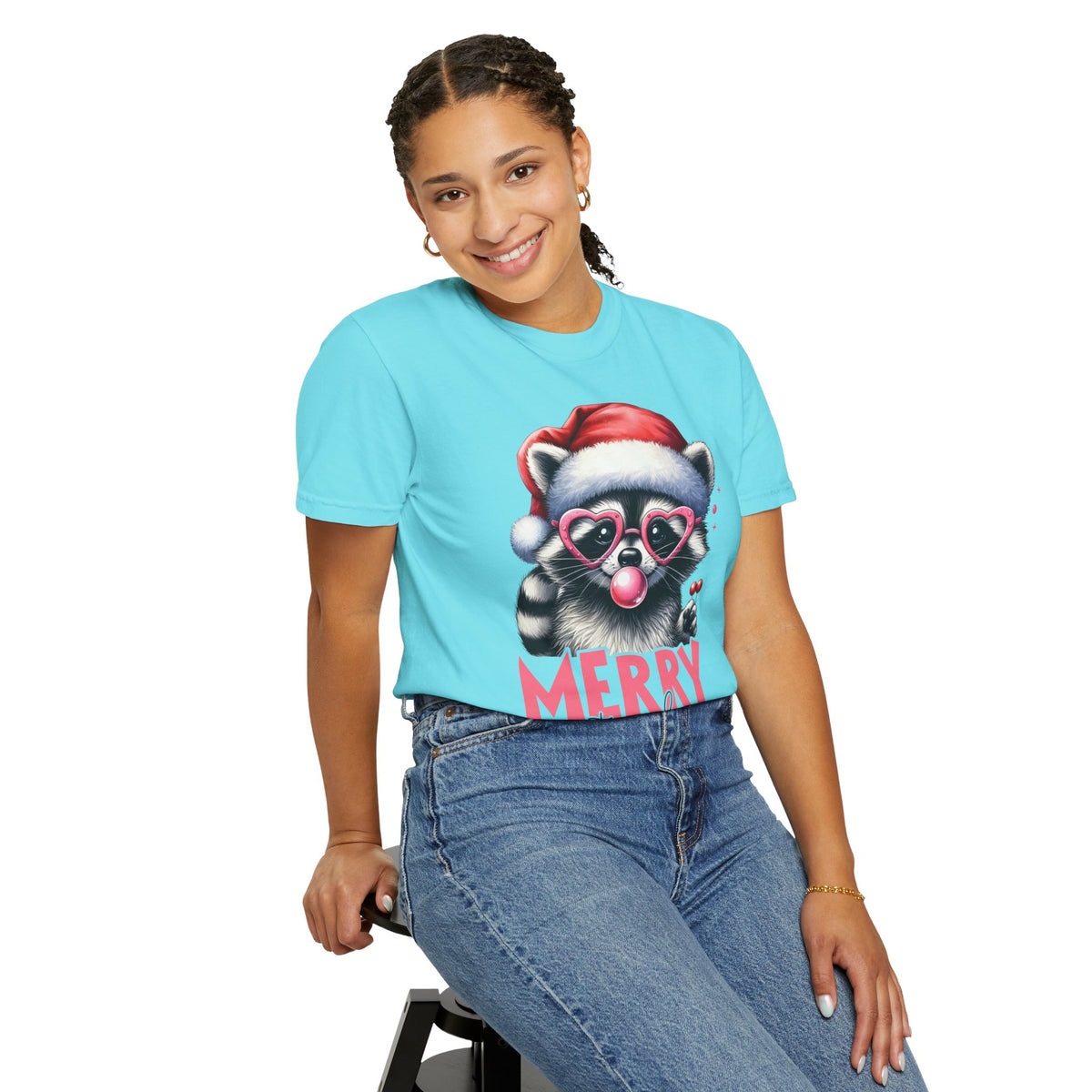 Merry Trashmas Bubblegum Raccoon w/Santa Hat Christmas - Comfort Colors | Trendy Women's T-Shirt. Direct to Garment. Printed & Shipped in the USA. Unisex Sizes.