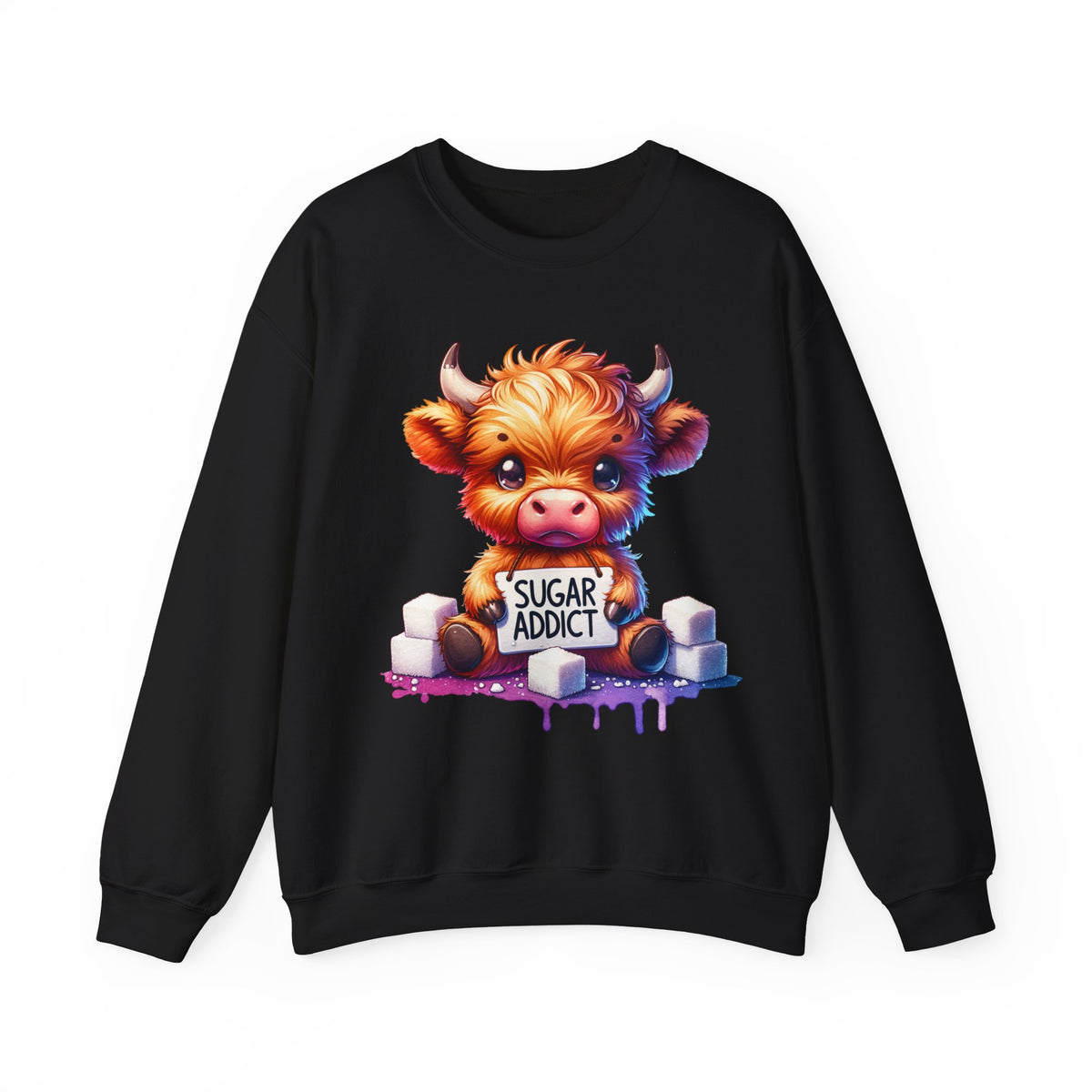 Sugar Addict Highland Cow – Gildan Heavy Blend | Trendy Women’s Soft Sweatshirt. Direct to Garment. Printed & Shipped in the USA. Unisex Sizes.