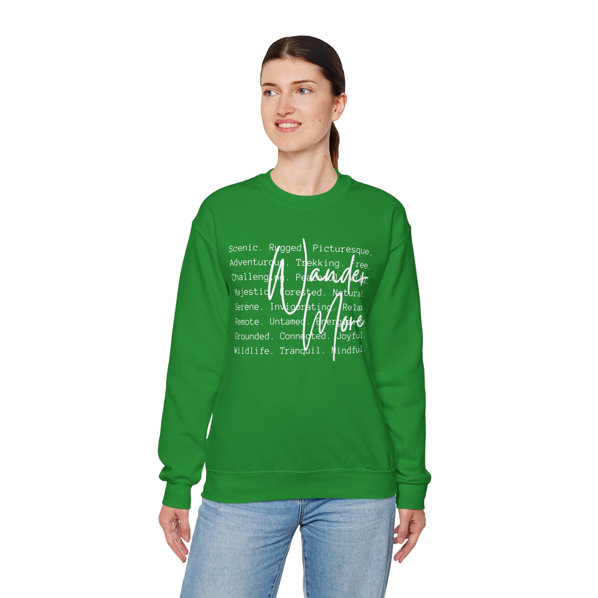 Wander More, Scenic Adventure Typography – Gildan Heavy Blend | Trendy Men's and Women’s Soft Sweatshirt. Direct to Garment. Printed & Shipped in the USA. Unisex Sizes.
