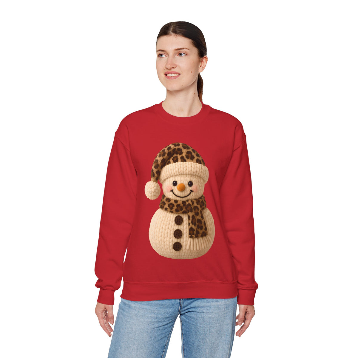 Cute Leopard Faux Knit Snowman Winter – Gildan Heavy Blend | Trendy Women’s Soft Sweatshirt. Direct to Garment. Printed & Shipped in the USA. Unisex Sizes.