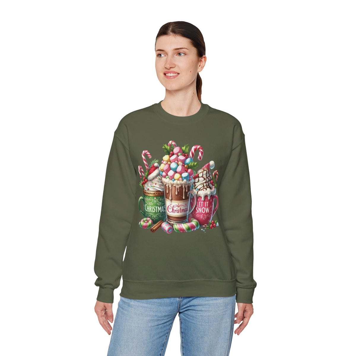 Hot Chocolate Mugs Christmas Hot Cocoa – Gildan Heavy Blend | Trendy Women’s Soft Sweatshirt. Direct to Garment. Printed & Shipped in the USA. Unisex Sizes.