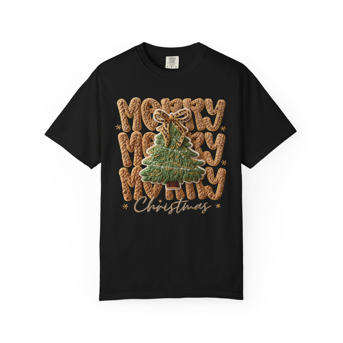 Merry Merry Merry Christmas, Faux Latch Hook Yarn - Comfort Colors | Trendy Women's T-Shirt. Direct to Garment. Printed & Shipped in the USA. Unisex Sizes.