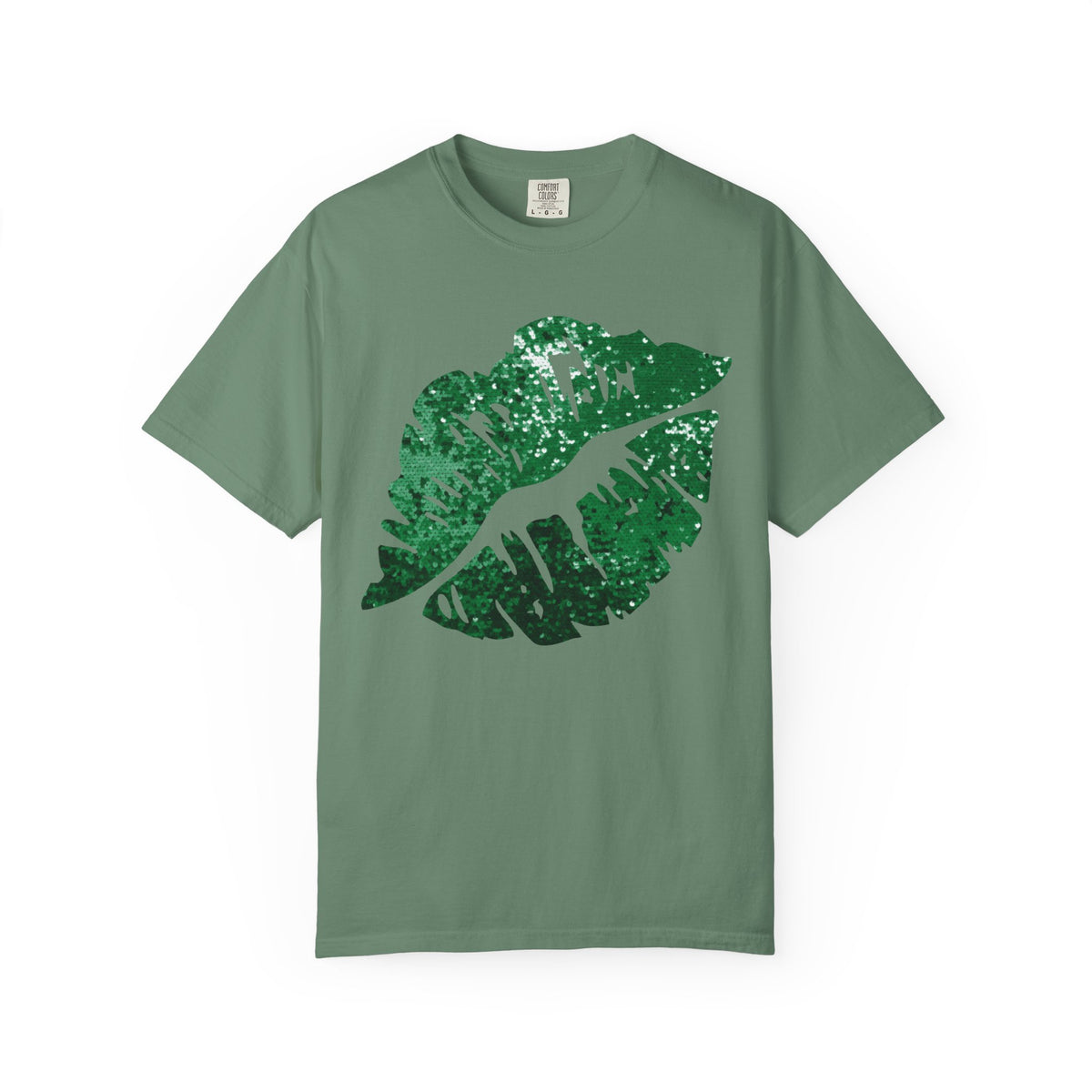 Green Faux Glitter Kiss - Comfort Colors | Trendy Women's T-Shirt. Direct to Garment. Printed & Shipped in the USA. Unisex Sizes.