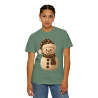 Cute Leopard Faux Knit Snowman Winter - Comfort Colors | Trendy Women's T-Shirt. Direct to Garment. Printed & Shipped in the USA. Unisex Sizes.