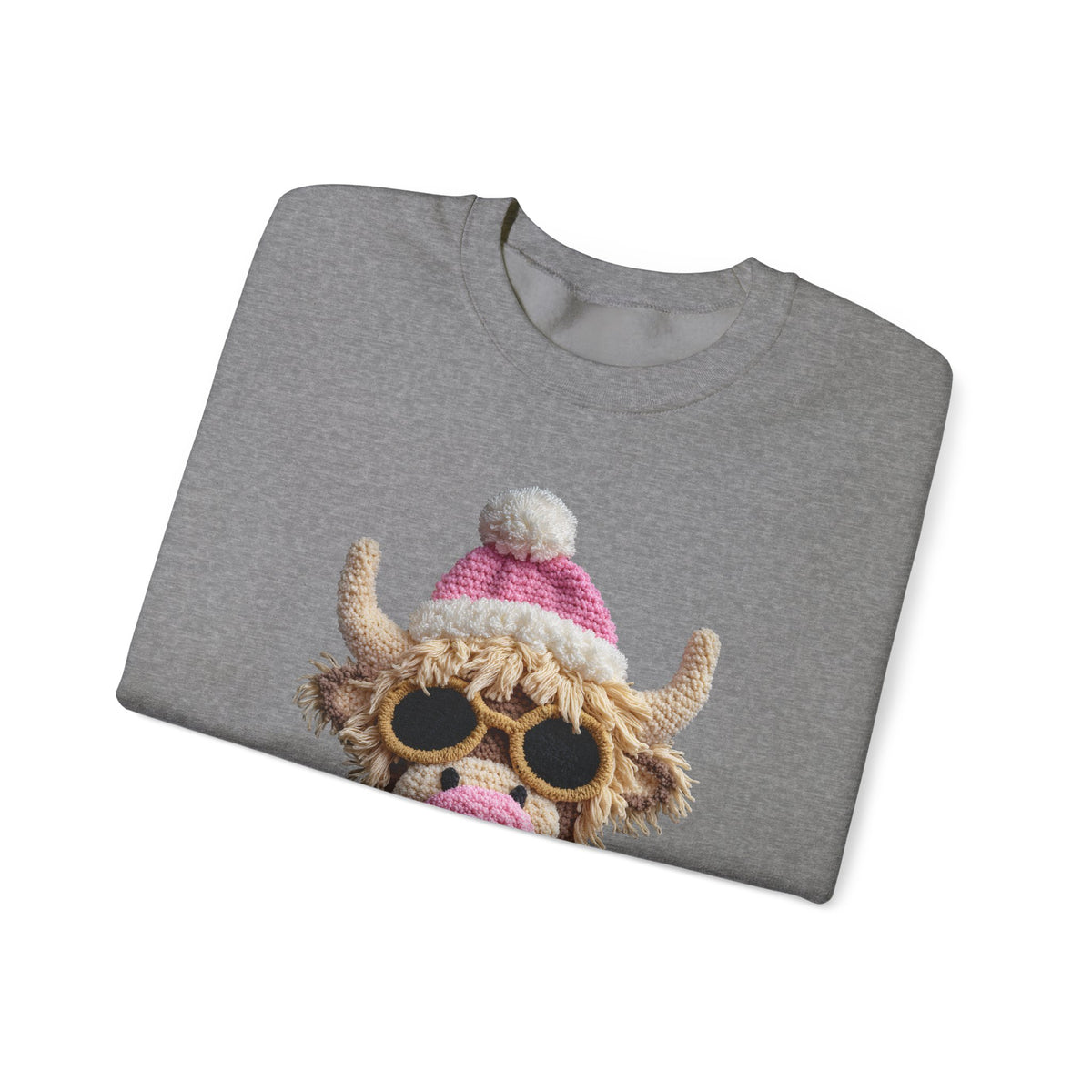 Faux Crochet Highland Cow Bubblegum – Gildan Heavy Blend | Trendy Women’s Soft Sweatshirt. Direct to Garment. Printed & Shipped in the USA. Unisex Sizes.