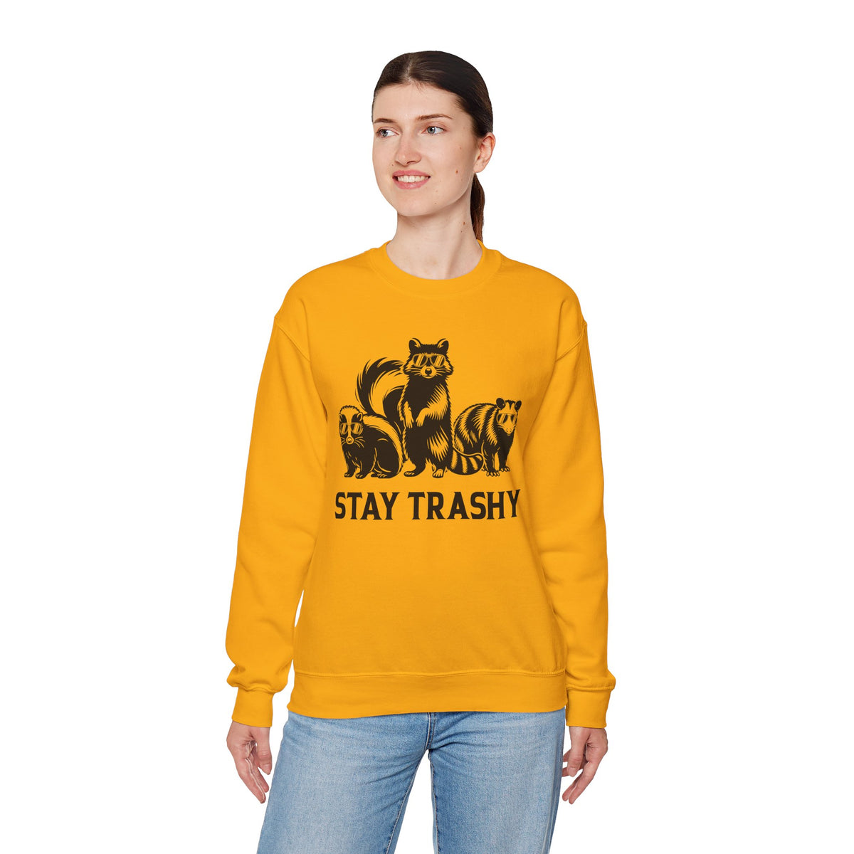 Stay Trashy, Skunk Raccoon Possum – Gildan Heavy Blend | Trendy Women’s and Men's Soft Sweatshirt. Direct to Garment. Printed & Shipped in the USA. Unisex Sizes.