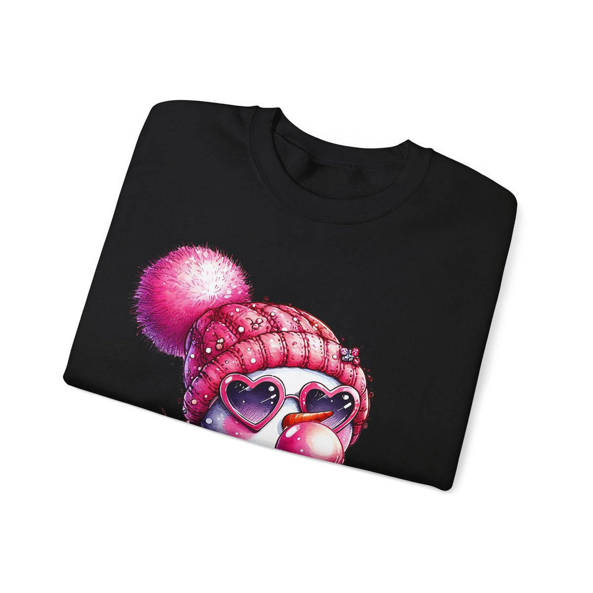 Pink Girly Snowman with Heart Sunglasses and Bubblegum - Winter – Gildan Heavy Blend | Trendy Women’s Soft Sweatshirt. Direct to Garment. Printed & Shipped in the USA. Unisex Sizes.