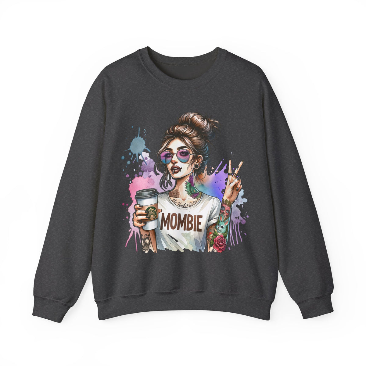 Cool Mombie with Coffee Peace Tattoo - Tired Mom – Gildan Heavy Blend | Trendy Women’s Soft Sweatshirt. Direct to Garment. Printed & Shipped in the USA. Unisex Sizes.