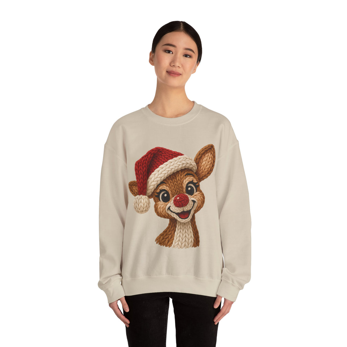 Cute Rudolph Faux Knit Look Reindeer w/Santa Hat – Gildan Heavy Blend | Trendy Women’s Soft Sweatshirt. Direct to Garment. Printed & Shipped in the USA. Unisex Sizes.