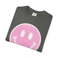 Faux Glitter Smiley - Comfort Colors | Trendy Women's T-Shirt. Direct to Garment. Printed & Shipped in the USA. Unisex Sizes.