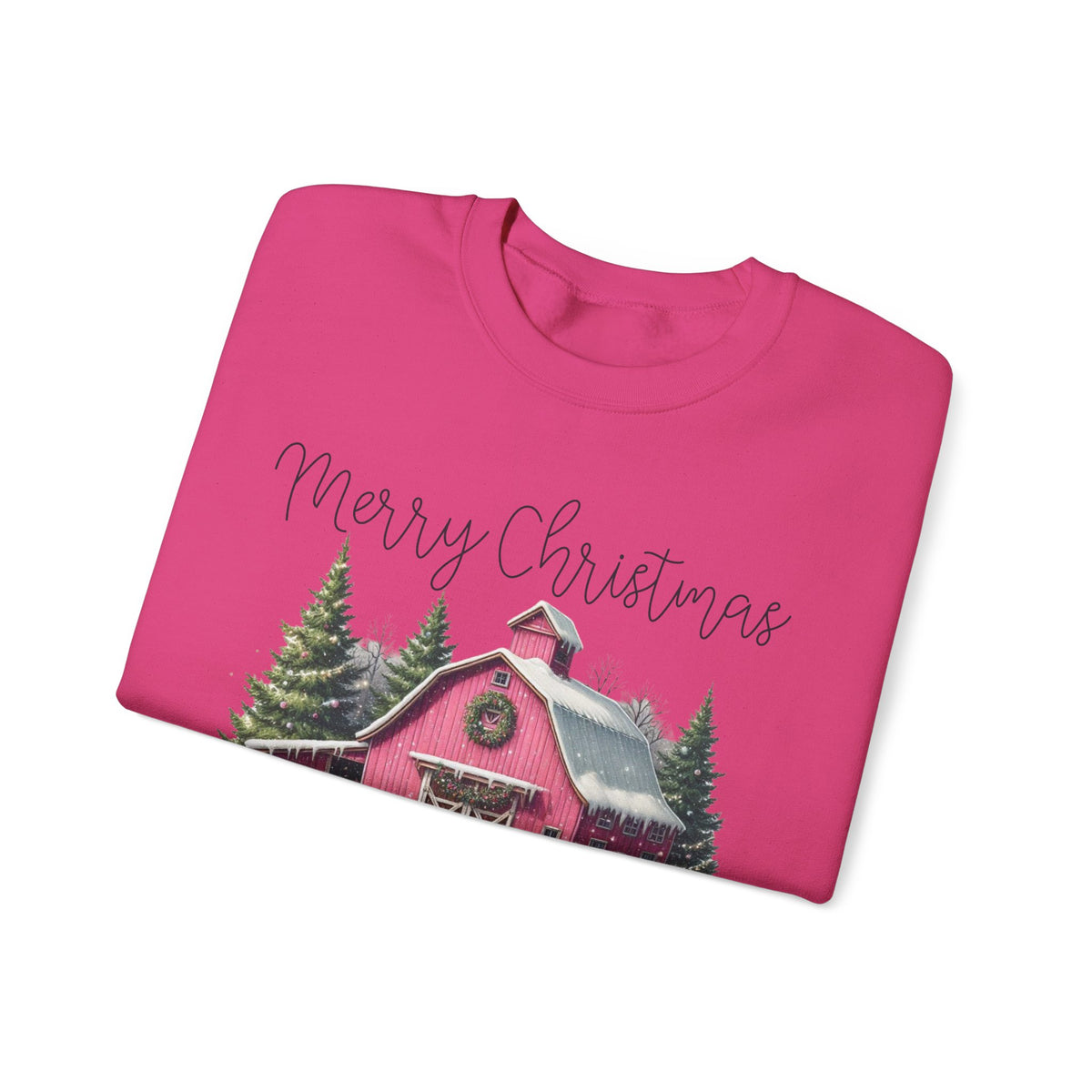 Merry Christmas Pink Barn Farm Animals – Gildan Heavy Blend | Trendy Women’s Soft Sweatshirt. Direct to Garment. Printed & Shipped in the USA. Unisex Sizes.